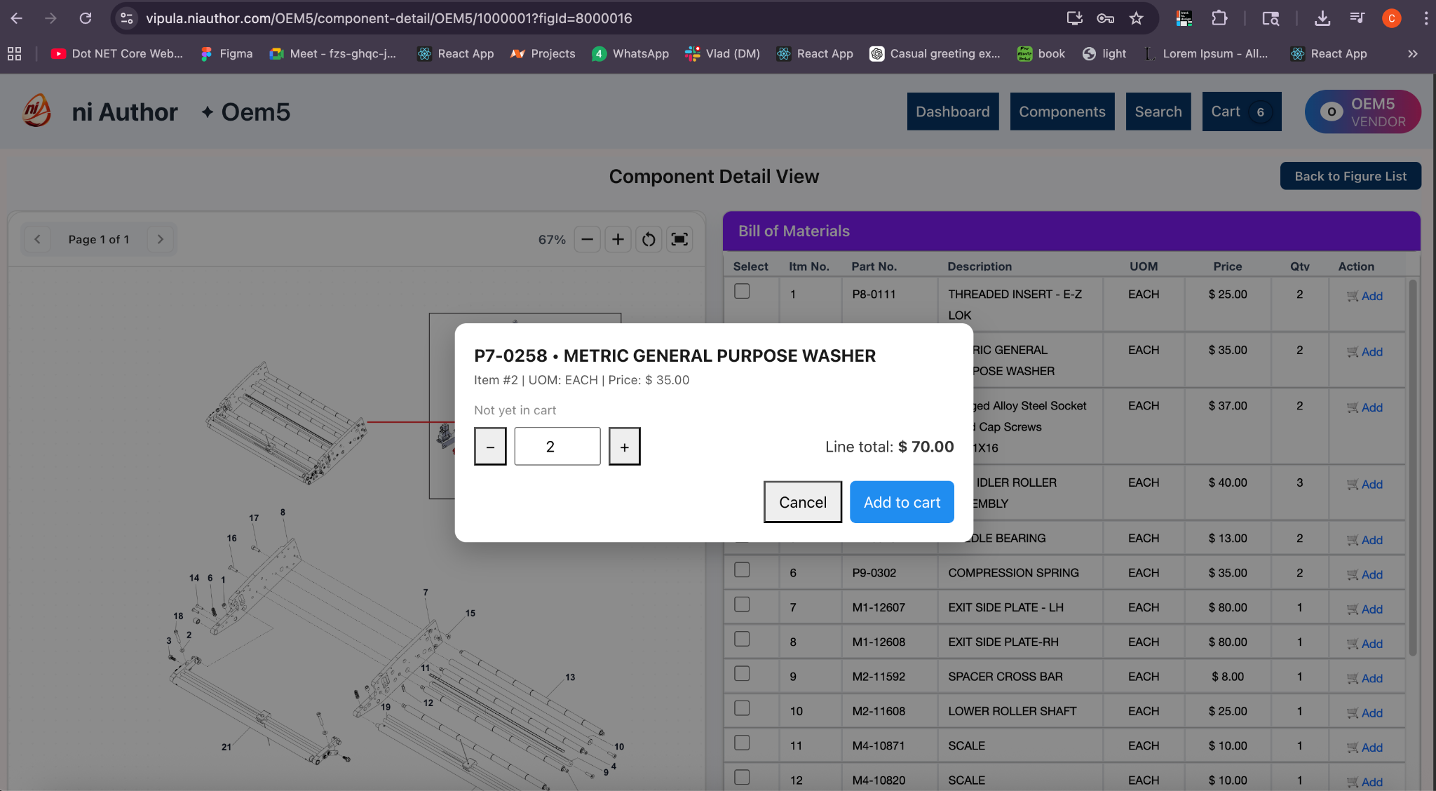 Selected part popup with quantity controls and add to cart button