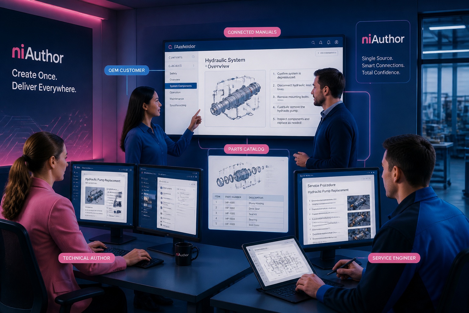 OEM customer, author, and service team using niAuthor together