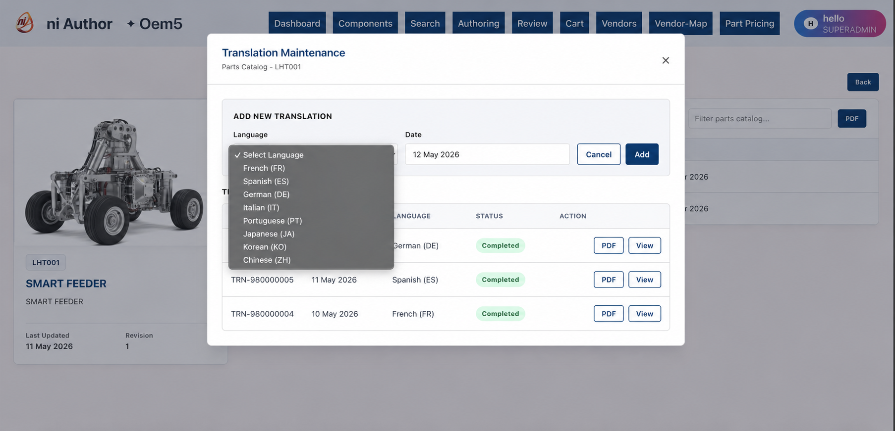 Translation Maintenance modal showing language selection and translation records with status